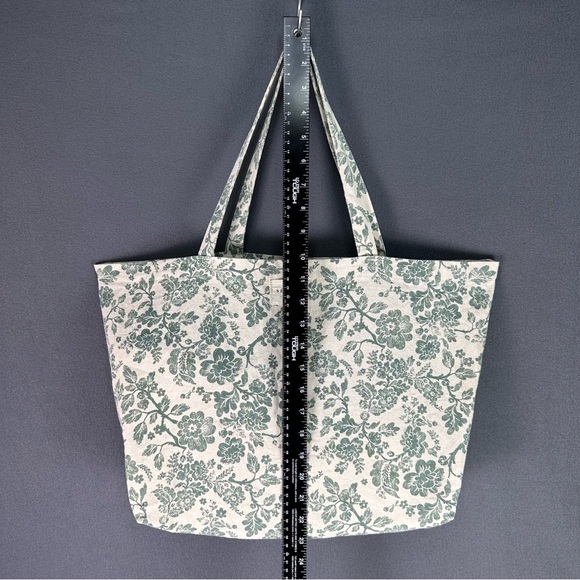 SEZANE Parisian Chic Green Cream Floral Tote Bag Cottagecore Cotton Shopping Bag - Picture 8 of 11